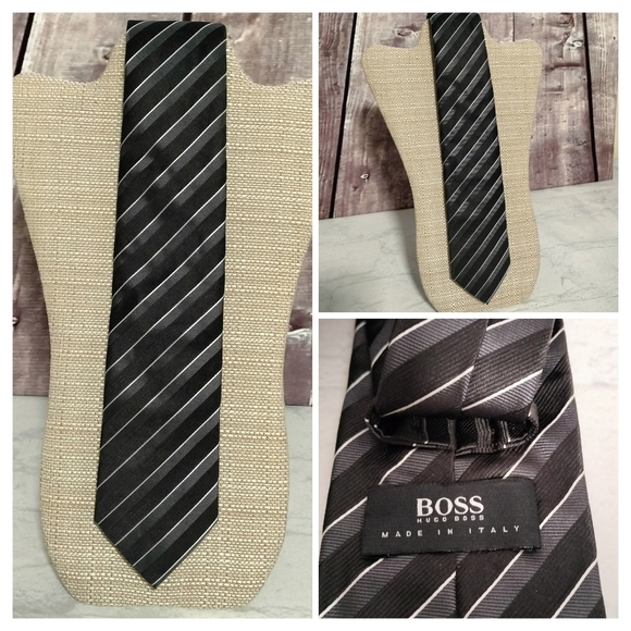 BOSS Hugo Boss Silk Necktie Gray Black Striped Tie Made in Italy Textured Formal - Picture 1 of 11